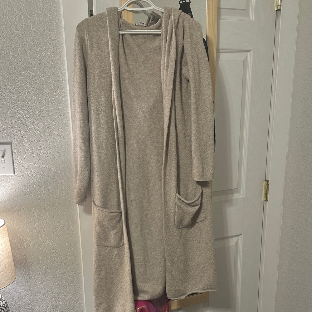 Hooded Open-Front Long Cardigan Sweater in Light Taupe